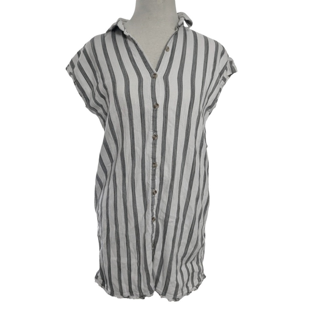 Thread and Supply Striped Shirt Dress White Grey Button Up‎ Frayed Hem Small